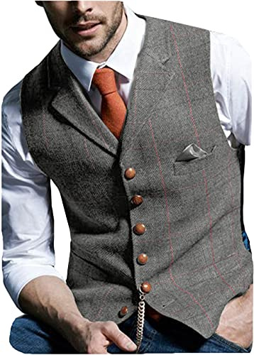 Retrofrack för män, väst, pläd, ullväst, ledig, tweed, fiskbensmönster för smoking, GRÅ, M