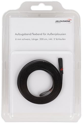 Jalousiene® Texband für Außenjalousien 6 x 0,33 mm – Aufzugsband inkl. 2 Schlaufen (300 cm, schwarz) – UV-beständig, wetterfest & reißfest – Ersatzband für Raffstore & Jalousie
