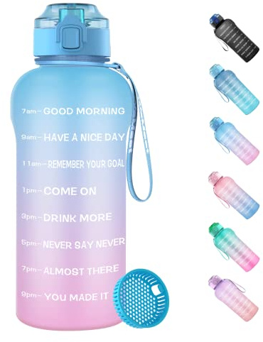 WEMEET - Borraccia da 2 l, in trifenilmetano, con filtro per frutta, indicatore del tempo e scritte in inglese, a prova di perdite, senza BPA, per campeggio, sport, palestra, picnic, blu e rosa