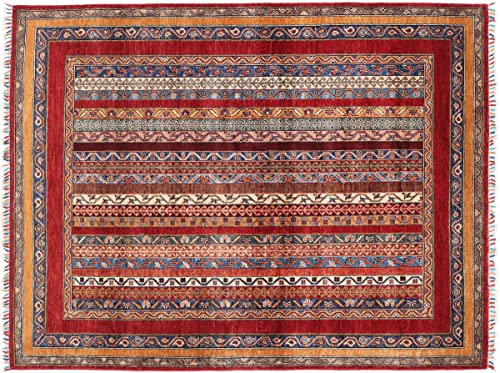 RUG PRINCE Afghan Khorjin Shaal Teppich 150x200 Handgeknüpft Rot Streifen Orient Kurzflor a