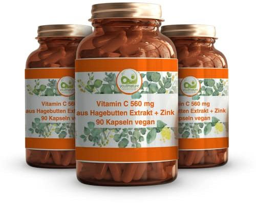 Vitamin C 1000 mg 90 Kapseln aus Hagebutten Extrakt + Zink vegan