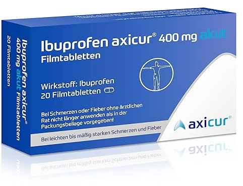 Ibuprofen axicur, 400 mg, Filmtabletten, für Schmerzen und Fieber, 20 Stück | Schmerzen und Fieber, Ibuprofen, 400 mg, Filmtabletten, Packungsgröße: 20 Stück