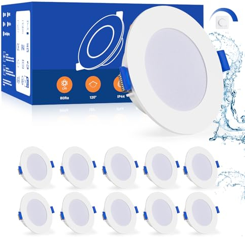 Leselux LED Einbaustrahler 230V Dimmbar, 10x IP44 5W LED Spot Stufenlos Dimmbar 4000K Neutralweiß 450LM, Deckenspots Weiß Ultra Flach 30mm, Einbauspots 68mm für Küche Wohnzimmer Loft Badezimmer