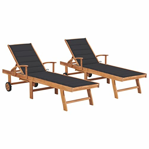 LAPOOH Sonnenliegen 2 STK. mit Anthrazit Auflagen, Gartenliege, Strandliege, Relaxliege Garten, Saunaliege, Campingliege, Poolliege, Liege Garten, Massivholz Teak