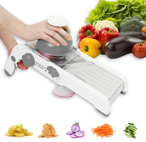 ZKIRON Cortador de mandolina grande para cocina, cortador profesional de cebolla y trituradora de repollo, hoja 2 en 1 integrada para gofres y cortes suaves, protector de mano de seguridad incluido