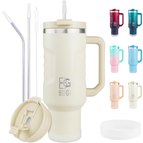 BOGI 40oz Tumbler with Straw and Lid,Leakproof Travel Mug with Handle,Double Walled Stainless Steel Tumbler with 2 in 1 Air Tight Lid,Reusable Insulated Cup for Cold and Hot Drinks | CreamWhite