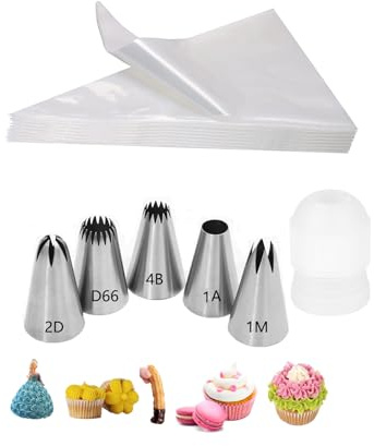 1M 2D 1A 4B D66 Piping Tips Set with 20 Bags & Large Coupler for Decorating