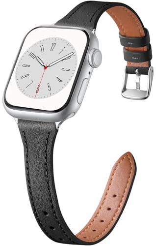 CeMiKa Schlankes Lederarmband Kompatibel mit Apple Watch Series 11 10 Damen | Leder Ersatzband Kompatibel mit Apple Watch Armband 42mm 44mm 45mm 46mm/iWatch Series 9 8 7 6 5 4 3, Schwarz/Splitter