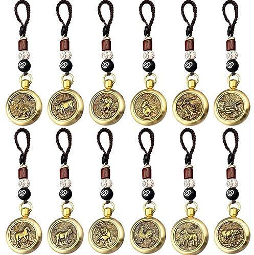 Porte-clés du Zodiaque Chinois 12 pièces Vintage en cuivre Corde Porte-Bonheur Pendentif Porte-clés de Voiture Portable pour Femmes et Hommes 12 pièces