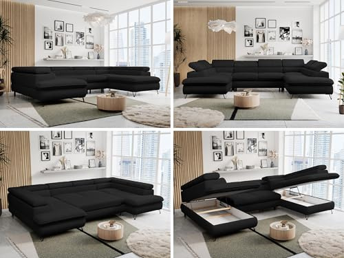 MKS MEBLE Sofa U-Form, Wohnlandschaft U-Form, Sofa mit Schlaffunktion und Bettkasten, Schlafsofa mit Bettkasten, Couch mit Verstellbare Kopfstützen - Peter U - Schwarz Boucle (ohne Topper)