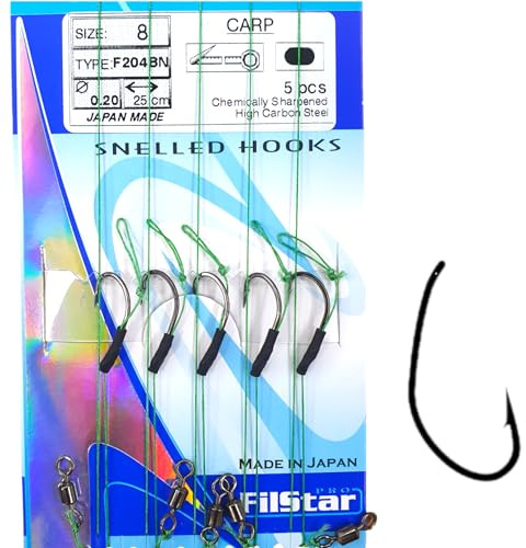 PRO FILSTAR 5 Angelhaken N8 - Vorfach & Wirbel Flechtschnur 25cm DIA0,25mm | Angeln Karpfen Zubehör - Fishing Hook - Boilies & Pellet Haken - Sport Set - Fishing Rig – Vorfachschnur