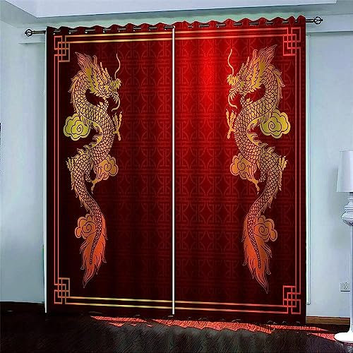 Vorhang Blickdicht Gardinen Mit Ösen - 2 Stücke Verdunklungsvorhänge 3D Roter Chinesischer Drache Muster Thermovorhang Für Kinderzimmer Wohnzimmer Schlafzimmer Weihnachtsgardinen-3N2Z6A7Y9A0