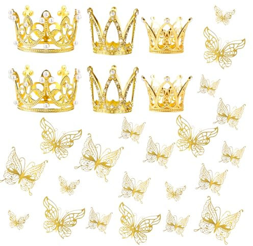ZOSIGN Corona para Pastel, 6 Piezas Mini Dorada Corona para Decoración de Pastel, Decoración de Pastel de Corona, Adornos para Tartas de Mariposa, para Fiestas de Cumpleaños Aniversarios Bodas