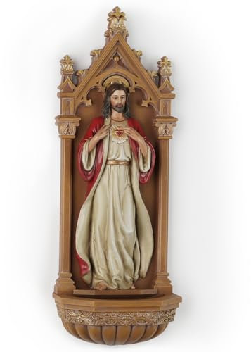 BC Catholic Sacred Heart of Jesus Statue, 9 H Holy Water Font Wall Plaque, Inspirational Home Décor, Religious Gift, Renaissance Sculpture Handmade by Buildclassic