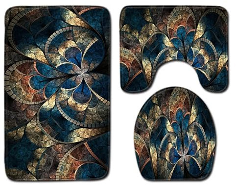 Bad Teppiche Set 3-Teiliges Retro Blau Braun WC Vorleger Mit Ausschnitt Badematte Saugfähig WC Deckelbezug Badvorleger rutschfest Waschbar Toilettensitzbezug Badgarnitur (50x80cm)