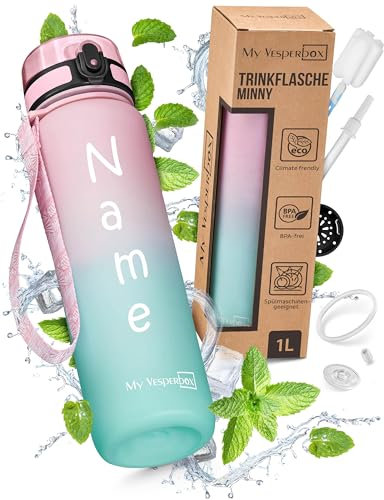 My Vesperbox® Personalisierte Trinkflasche Kinder 1000ml [INK. STROHHALM & SIEB] - Wasserflasche Kohlensäure Geeignet & Auslaufsicher - Water Bottle Kids - für Schule & Sport - BPA frei