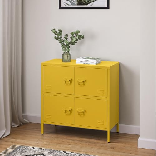 skølm Zandor Metall Kommode – Sideboard mit 3 Fächern & 6 Türen – Metallschrank in Senfgelb – Mehrzweckschrank – Highboard 80 cm breit – höhenverstellbare Füße – Aufbewahrungsschrank – Flurschrank