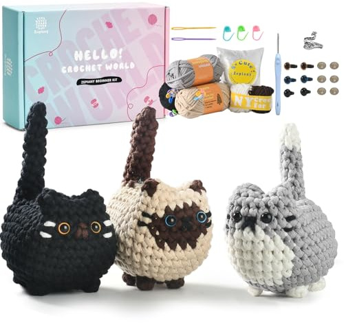 Crochet Kit for Beginners,Amigurumi Crochet Animal Kit,Crochet Starter Kit Step-by-Step Video Tutorials,Crochet Starter Kit,Crochet Kits for Beginners Adults,Beginners Crochet Kit-3 Cute Cats