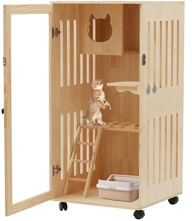 FONSOLUM Large Wooden Cat House with LED Light, Multi-Feature Cats Cage Cat Condo with Scratching Post and Wheels, Catio Cat Enclosure Cat Shelter for Indoor and Outdoor(24 * 24 * 47In)