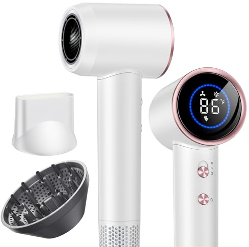 Hair Dryer with Diffuser,High Speed Ionic Blow Dryer 500 Millions Negative Ionic Low Noise,Magnetic Attachments,Thermo Control for Home Travel Salon White