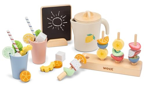 Woet® Wooden Toy Summer Party Set, 37 Pieces | Wooden Play Food, Lemonade Stand Set, Pitcher, Cups, Fruit Slices & Skewers, Pretend Café Toy, Role Play Set, Age 3 Years+
