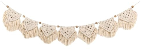 Makramee Wohnwand Deko – Boho Girlande Wandbehang, Dekoratives Wandaccessoire | Rustikale Wanddeko im Bohemian Stil aus Naturfaser, Handgefertigter Banner mit Holzperlen für Schlafzimmer Einrichtung