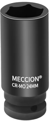 Meccion 1/2 Inch Drive Impact Socket 24mm Heavy Duty Cr-Mo 6 Point Deep Socket, 78mm Length