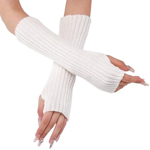 WANYI 1 Paar Fingerlose Handschuhe Lang Gestrickt Armstulpen Damen Warm Fingerless Gloves Weiche Strickhandschuhe Handschuhe für Herbst Winter(Weiß)
