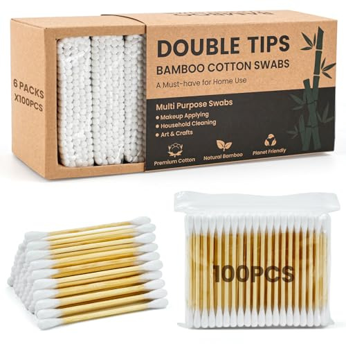 GOLD HONEY Bamboo Cotton Swabs 600 Count with Paper Box - Double Tipped Ear Swabs - Cotton Buds for Ear Wax Removal, Beauty Care, Nail Care, Crafts, Removing Dust & Dirt