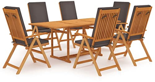 QJBSAVVA 7-TLG. Teak Gartenmöbel Set klappbar 180×90 cm Esstisch 6 Stühle mit 5-Fach Verstellbarer Lehne und grauen Kissen platzsparend für Garten Terrasse und Balkon