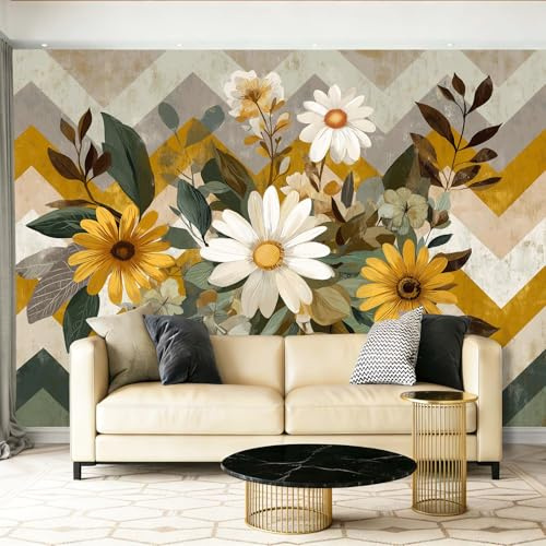 Papier Peint Panoramique Rétro Plantes Fleurs Marguerites Papier Peint Intissé Photo Mural, 200 x 140 cm Poster Salon Chambre Mur de fond Chambre des Enfants Bureau Décoration de Maison, Jaune Vert