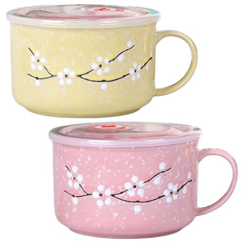 AwnsIMfreien Tasse à soupe pour micro-ondes avec couvercle, 2 bols à soupe avec poignées, tasse micro-ondes en céramique de 800 ml avec couvercle pour salade de céréales, nouilles ramen, bol avec