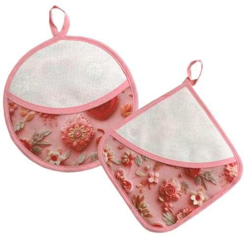 Presine da Cucina da ricamare a punto croce, Set da 2 Pezzi presine da cucina con tela aida, Rotonda e Quadrata, Coppia di presine a fantasia Rose e Cuori