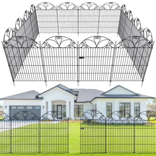 The Fellie 10 Pack Metal Garden Fence Panels with Gate 81 cm High, Black | No-Dig Rustproof Decorative Garden Fencing - 7M Total Length, Animal Barrier Border Fence for Dogs, Patio, Lawn, Flower Bed.