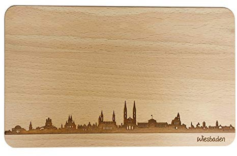 SNEG Brotzeitbrett Wiesbaden Skyline | Frühstücksbrettchen aus Buche | Holz Schneidbrett | Geschenk mit Gravur | Frühstücksbrett | Hessen (Brett XL (35x23x1,5cm), 1. ohne persönlicher Gravur)
