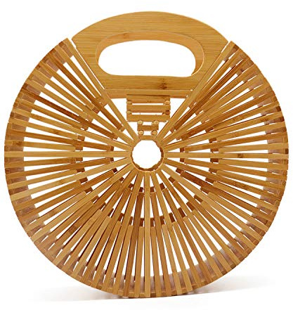 Miuco Women Bamboo Top-Handle Handbags Round Straw Beach Tote Bag Small