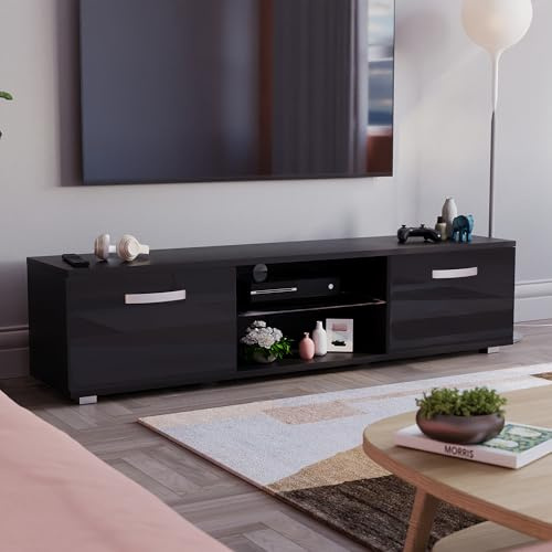 Vida Designs Cosmo LED-TV-Einheit mit 2 Türen, modern, glänzend, matt, MDF, Wohnzimmerschrank, Media-Ständer, Möbel, RGB-Licht, schwarz, 160 cm