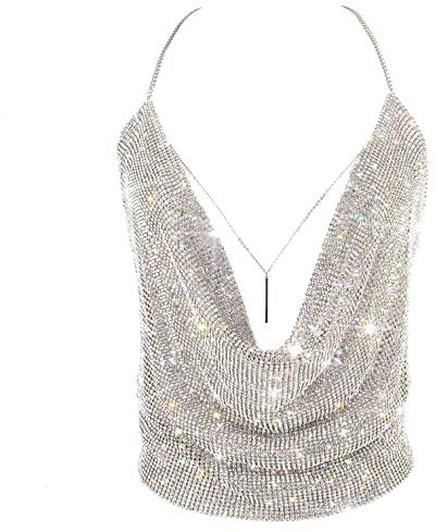 Sexy Sparkly Tops for Women, Deep V Neck Crop Tank Tops Backless Rhinstone Cami Medium