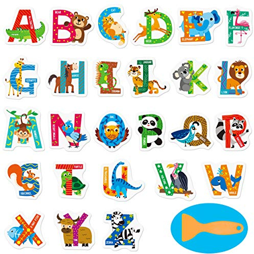 Hebayy 26 Autocollants Antidérapant Alphabet Animal Baignoire, imperméable et antidérapant pour douche et baignoire avec grattoir Premium