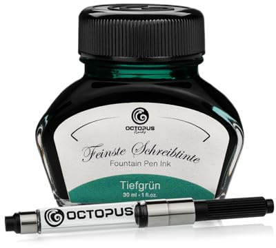 Octopus Fluids Füllhaltertinte Tiefgrün, mit Tinten-Konverter, 30 ml | Mit Tinten-Konverter für Füllhalter mit Standardpatronensystem, farbintensive Schreibtinte mit schönem Shading