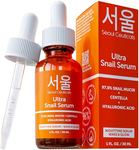 SeoulCeuticals Korean Skincare Snail Serum - 97.5% Snail Mucin Night Serum - Anti-Aging, Anti Wrinkle Hyaluronic Acid Face Brightening Serum - K Beauty Skincare Centella Wake & Glow Serum - 30ml