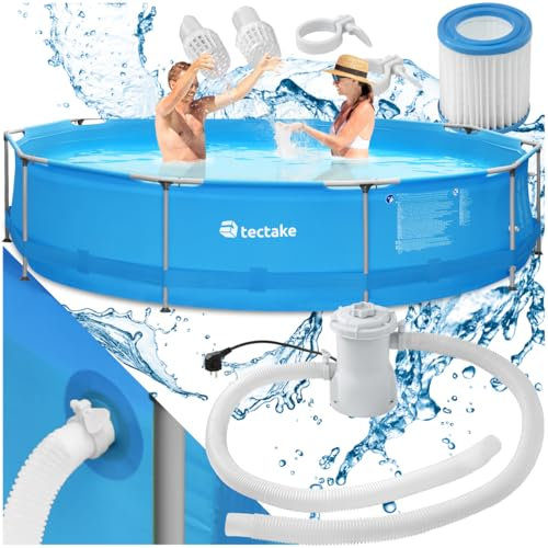 tectake® Piscina Redonda Desmontable, Estructura Acero, Piscina con Depuradora, Resistente al Exterior, Piscina Grande Incluye Depuradora, Fácil Montaje, Ideal para Jardín, 360cm - Azul