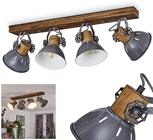 HOFSTEIN Deckenleuchte Orny, verstellbare Deckenlampe aus Metall/Holz in Grau/Weiß/Braun, Leuchte im Industrial/Retro/Vintage-Design, Lichteffekt, 4 x E27, Wohnzimmer, Esszimmer, Schlafzimmer, Küche