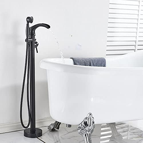 Wieoc Wasserfall Badewanne Wasserhahn Set Bodenstehende Badewanne Mischbatterie Doppelgriff Dusche Badewanne Wasserhahn Für Badarmaturen-Matt-schwarz