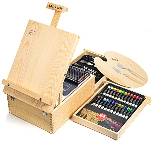 Cavalletto da Tavolo, Legno Regolabile Valigia con 55 Pezzi Set Pittura Contenere 24 Acrilico vernice, 12 Matite Colorate 10 Pennello e Altri Strumenti di Pittura