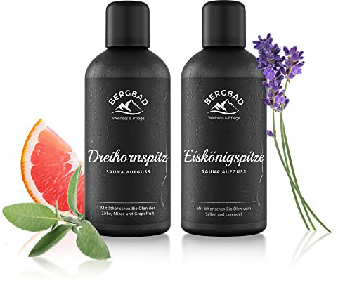 BERGBAD 2 x 100ml GUTE LAUNE Set BIO Saunaaufguss, Grapefruit + Zirbe + Minze und Lavendel + Salbei - wohltuendes, erfrischendes Sauna-Aufgussmittel mit Bio-Alkohol, Wasser und 100% BIO Ölen