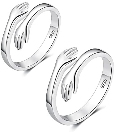 Zolkamery Bague Réglable Argent Fin 925, Deux Bagues de Couple ouvertes Amour Accolade Câlin Mains, Anneau de Doigt Hypoallergénique pour Femme Fille Unisexe, Bague de Fiançailles Mariage
