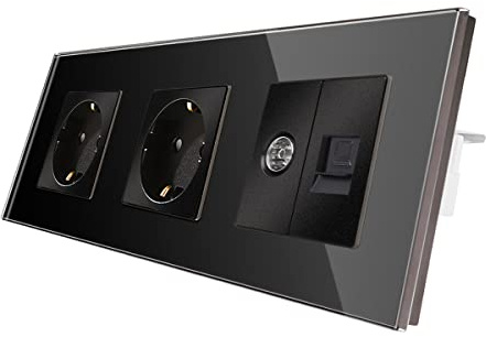 CNBINGO Glas Schuko Steckdose unterputz mit Kombination CAT6 Netzwerk TV | Doppelsteckdose Schwarz, Wandsteckdose zweifach mit Glasrahmen