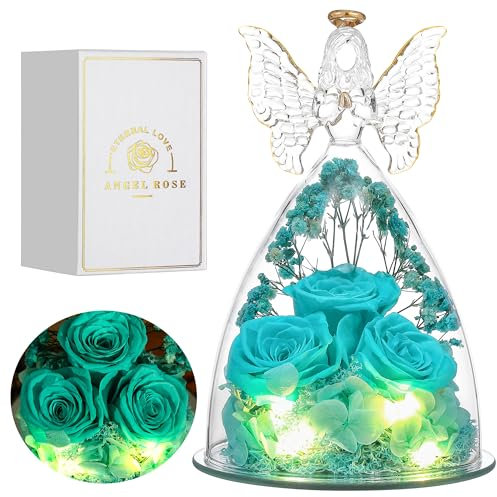 Muttertag Rose Geschenke für sie, Glas Engel Figur mit drei Rosen Geschenken, konserviert für immer echte Rose Geschenke für Frauen, Engel Schutzengel mit Rose zum Valentinstag Muttertag,Tiffany Blau