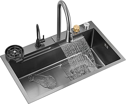 Kitchen Sink 304 Stainless Steel Nano Raindance Waterfall Sink Home Vegetable Basin Single Workstation Kitchen Sink with Pull-Out Faucet, Pressurized Cup Washer (80 * 45 * 20cm)